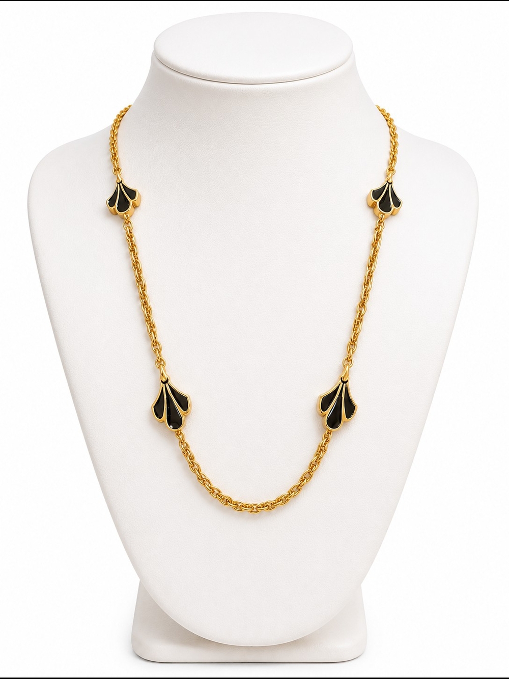 Gold-Plated Long Necklace with Black Enamel Accents 28 Inches